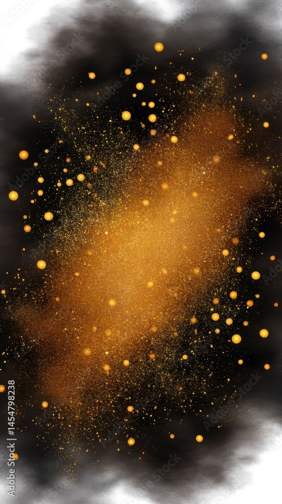 Poster dramatic black and gold abstract with sparkling glitter dust and floating golden orbs, creating a un