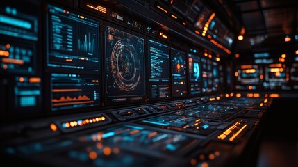 Obraz premium Control panel monitors display data and graphs in a futuristic command center interior, technology interface with lights on a transparent background, PNG image, PNG file.