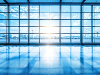 Wide airport terminal windows showcasing city skyline.