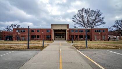 Modern Educational Institution Facade with Gray Cloudy Sky