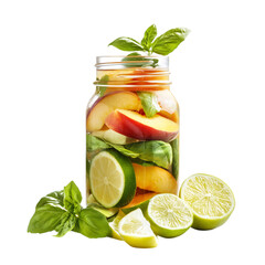 Mason Jar with Peach Basil Lime Drink Isolated on Transparent Background