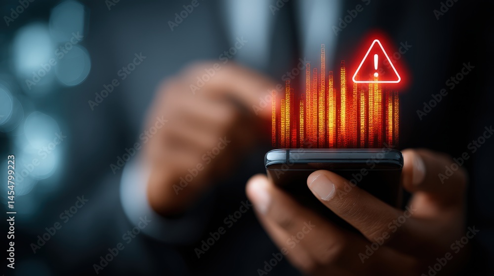 Poster red alert notification on smartphone with sound waves and warning icon