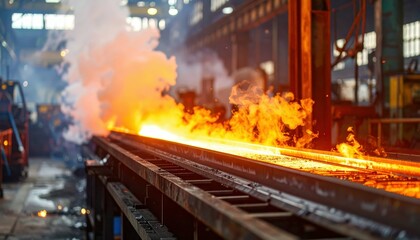 Molten Metal Flowing in Industrial Factory Setting with Sparks