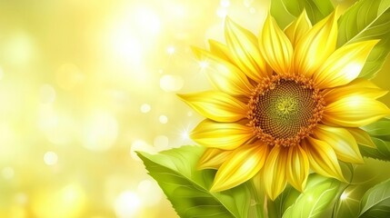 Obraz premium Youth Day: A vibrant close-up of a blooming sunflower with golden petals, surrounded by soft green leaves, warm sunlight casting gentle shadows, blurred spring meadow background, 