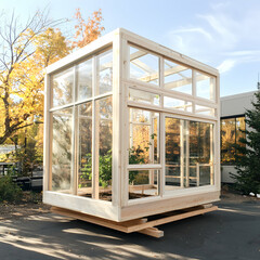 A wooden greenhouse showcasing a modern design. Perfect for urban gardening or small-scale farming. Provides optimal light and temperature control for plant growth