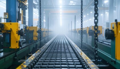 Naklejka premium Industrial Factory Production Line in Foggy Environment