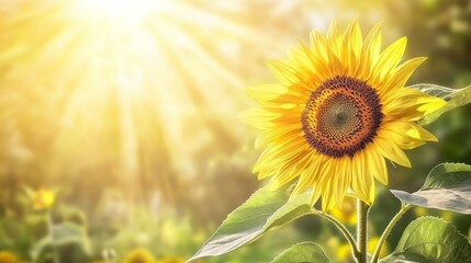 Obraz premium Youth Day: A vibrant close-up of a blooming sunflower with golden petals, surrounded by soft green leaves, warm sunlight casting gentle shadows, blurred spring meadow background, 