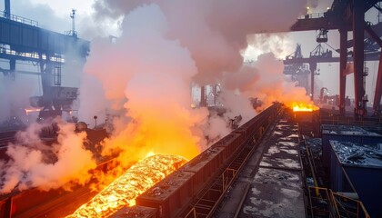 Industrial Factory Scene with Flames and Smoke from Hot Metal Process