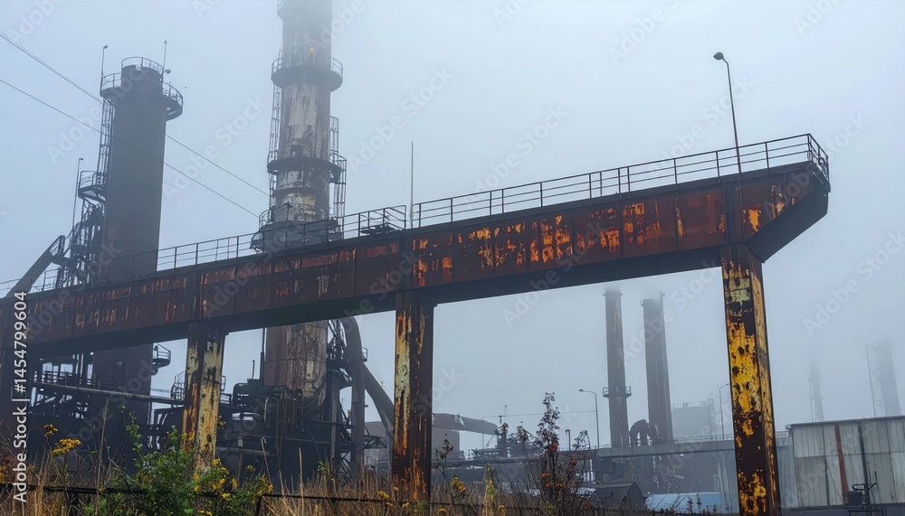 Poster industrial structure in foggy atmosphere with rust and decay