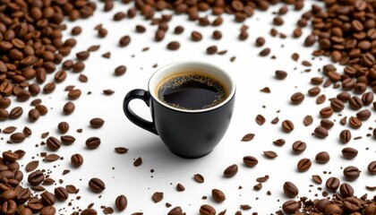 Obraz premium Surreal black cup among coffee beans kitchen table still life minimalist close-up artistry