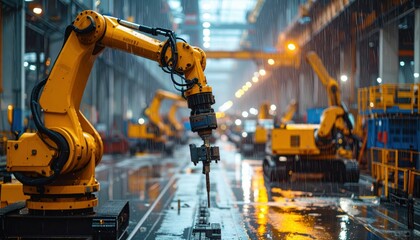 Industrial Robot Arm in Action Inside a Modern Factory During Rain
