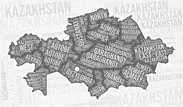 Kazakhstan regions map word cloud. Kazakhstan region names. Black and white map design. Stylish vector illustration.