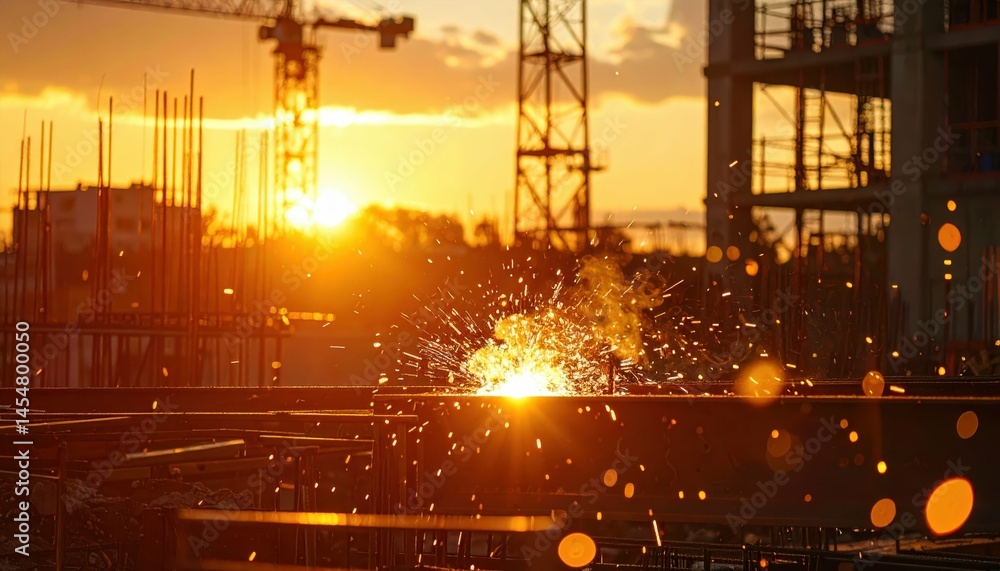 Poster sunset construction scene with spark and cranes in background