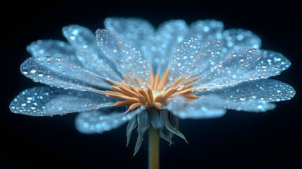 Fototapeta premium High-definition macro photo of a dandelion seed glowing with dew and light against a black background