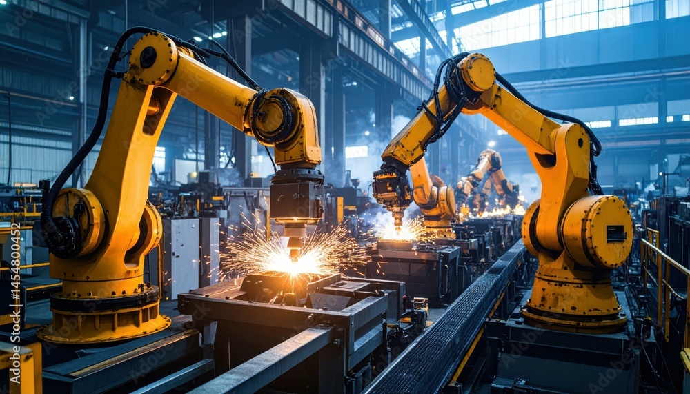 Poster advanced robotics in automated manufacturing with sparks and light effects