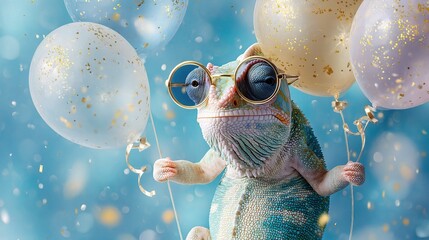 Happy Chameleon Wearing Sunglasses with Birthday Balloons