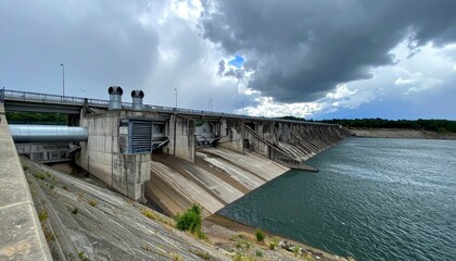 Obraz premium Modern Hydro Dam Structure with Water Reservoir and Stormy Sky