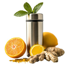 Immune Elixir Ginger Turmeric Orange Lemon Balm in Stainless Travel Mug Isolated on Transparent Background