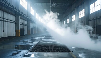 Industrial Warehouse Interior with Light Rays and Fog Effects