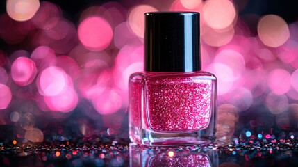 Shiny pink polish atop glitter, bokeh lights backdrop