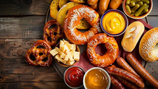 Traditional German pretzels with cheese, sausages and mustard on rustic wooden table backdrop