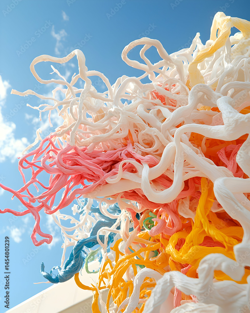 Poster a vibrant sculpture made of colorful twisted material. suggests use as public art installation or de