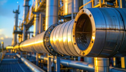 Industrial Pipeline with Metal Structure and Golden Light Reflection