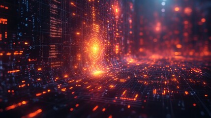 Obraz premium Complex network of interconnected dots and lines, glowing with orange light, creating a technological tunnel effect on a transparent background, PNG image, PNG file.