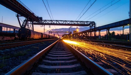 Fototapeta premium Sparkling Sunset Over City Rail Yard with Train Tracks and Machinery