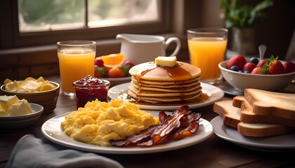 pancake with bacon and scrambled eggs