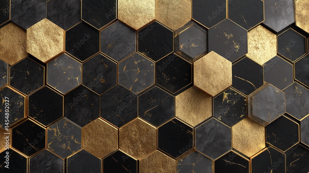 Poster glossy black and gold hexagon pattern with elegant design elements