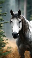 Obraz premium Grey horse stands in misty forest surrounded by tall trees during early morning light