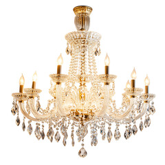 A Luxurious Crystal Clear Glass Chandelier with Gold Finish and Crystal Drops Isolated on Transparent Background