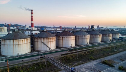 Obraz premium Industrial Storage Tanks and Smokestacks at Sunset in Urban Area