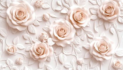 Vintage rose 3D relief mural wallpaper in full bloom, pastel pink and ivory, embossed petals and leaves, textured wall art with vintage elegance.