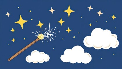 Enchanting nightscape with a magic wand illuminating the starlit sky with whimsical clouds