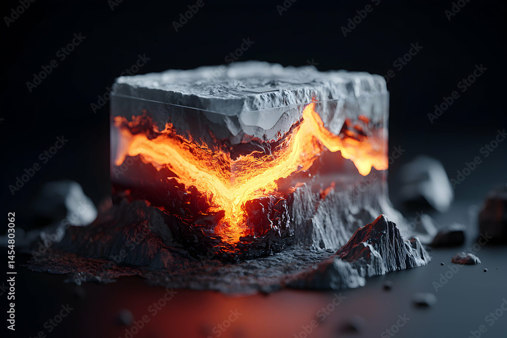 Fototapete a captivating image of a cube revealing layers with a fiery core. this concept could be used to visu