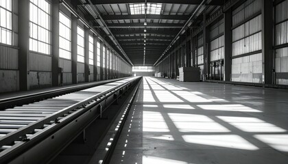 Industrial Warehouse Interior with Light and Shadows on Floor