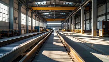 Industrial Warehouse with Railway Tracks and Bright Sunlight