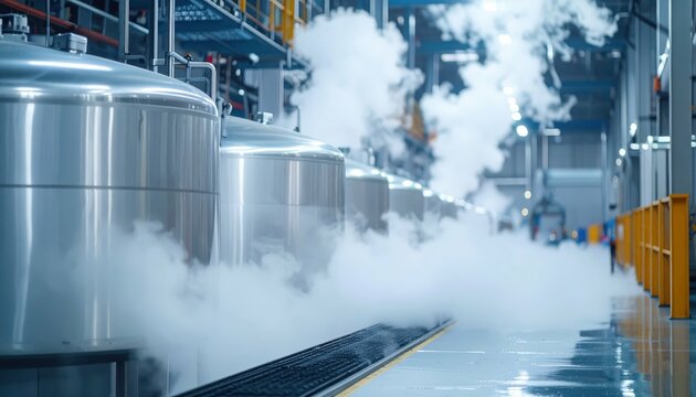 Industrial Facility with Large Stainless Steel Tanks and Steam