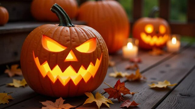 Halloween pumpkins glowing with eerie faces on wooden deck  