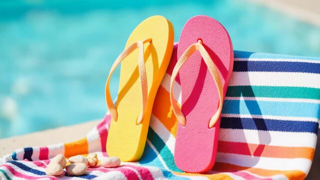 Colorful Flip Flops Relaxing on a Beach Towel by the Poolside  