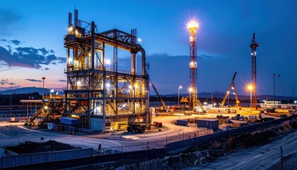 Industrial Construction Site at Dusk with Cranes and Equipment