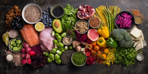 healthy foods, balanced diet ingredients, fresh vegetables and fruits, lean meats and fish, whole grains, superfoods