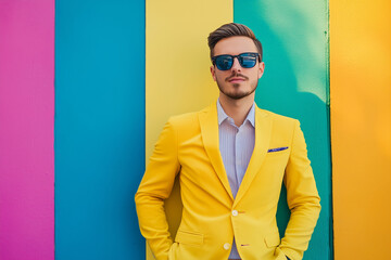  man in a yellow suit stands in front of a colorful wall. He is wearing sunglasses and a tie