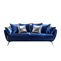 A Luxury Sapphire Blue Velvet Sofa with Two Pillows Isolated on Transparent Background