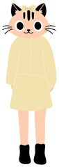 Cute cartoon character - a cat with a standing straight , dressed in a beige dress,