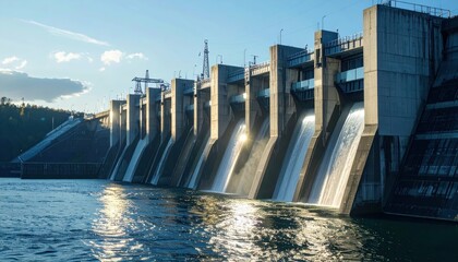 Majestic Hydroelectric Dam with Water Flow Under a Clear Sky