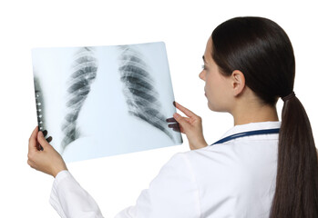 Doctor examining MRI scan on white background, back view