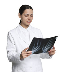 Doctor examining MRI scan on white background